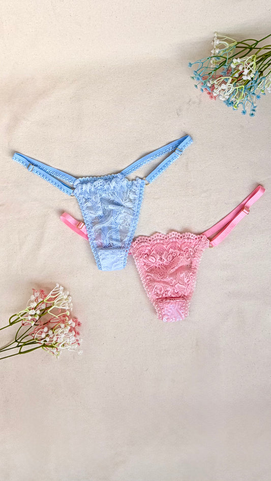 Pack 2 Calcinhas Fio Dental em Renda Primavera | Azul Bebé e Rosa Bebé com Ajuste Flexível